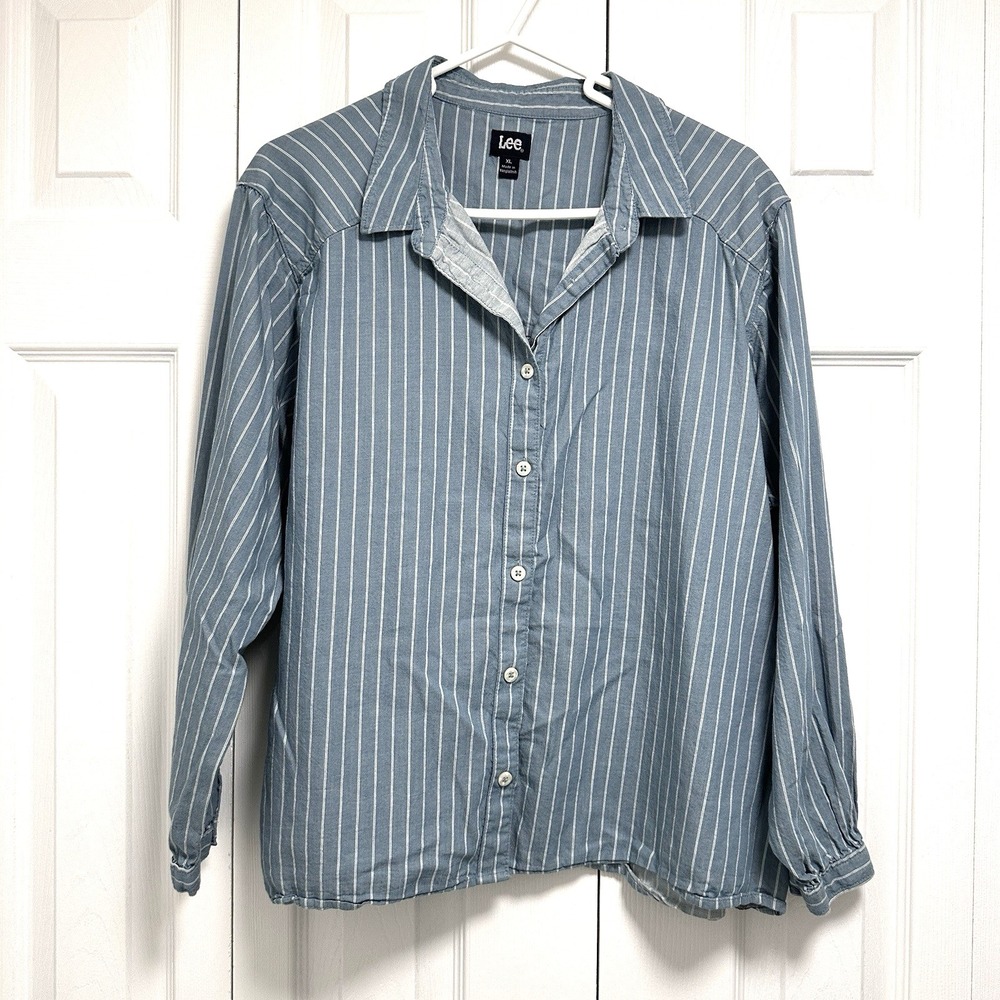 LEE Women blue white stripped Button Down Shirt Long Sleeve Cotton Size XL